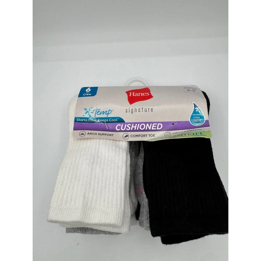 Hanes Womens 6 Pair X-Temp Cushioned Crew Socks White Black Grey Size 5-9 SG8596